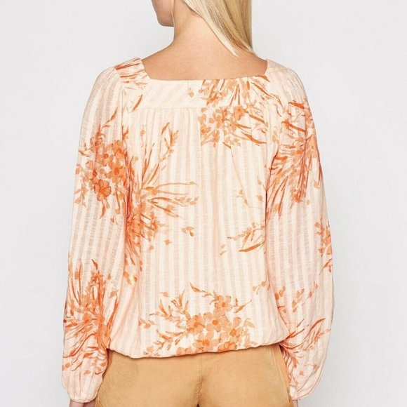 JOIE Cadby LINEN BLOUSE S Floral Island Sunset Square Neck Balloon Sleeves $228 - Picture 4 of 10